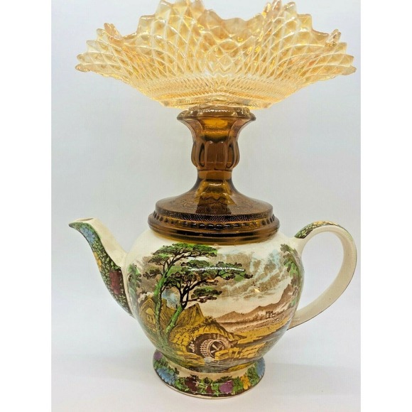 Antique Sadler "The Old Mill" Teapot Federal Glass Candy Dish Made in England - Picture 1 of 11